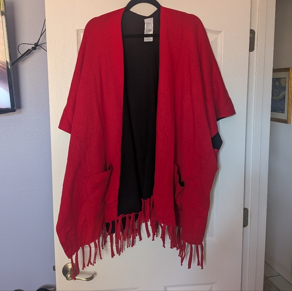 Chico's Sweaters - Chico's Black and Red Reversible Knit Poncho Wrap With Fringe L/XL